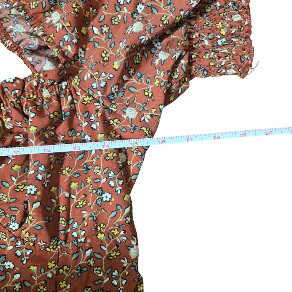 Trixxi Floral Puff Sleeve Mini Dress Rust Orange M Cottagecore Boho Romantic - Picture 9 of 12